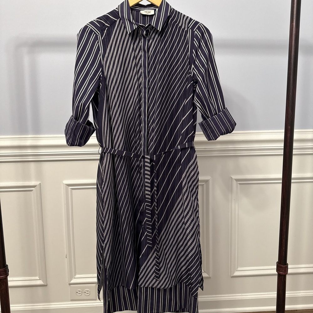 Per Se by Carlisle Navy Blue Striped Shirt Belted Silk Cotton Dress Sz 6